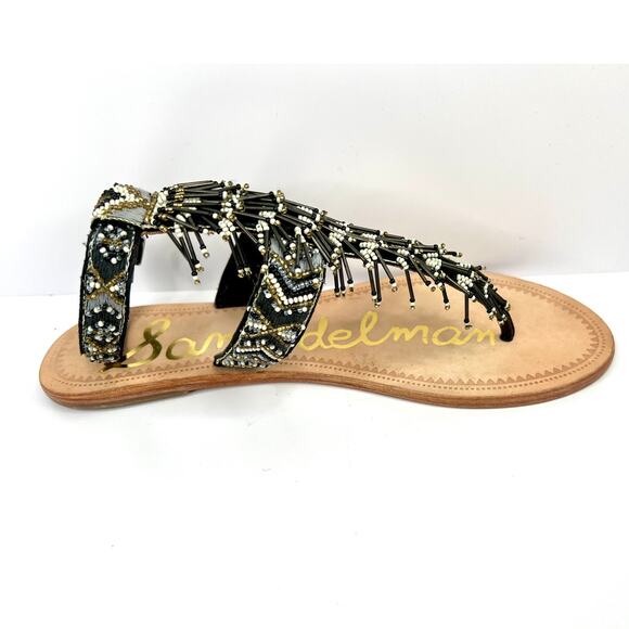 Sam Edelman Size 8 Beaded Fringe Gladiator Sandals Black Gray White NWOB - Picture 2 of 12